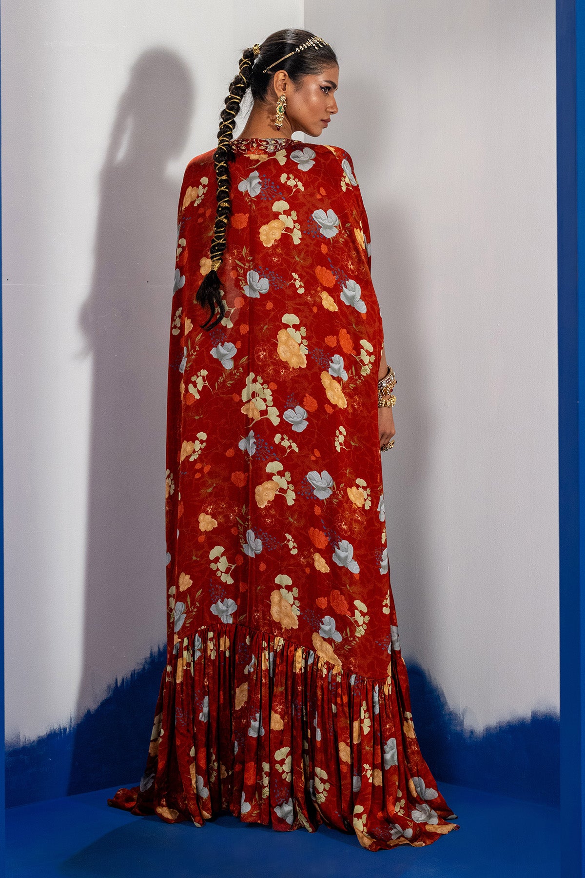 Rust Print Embroidered Cape Set