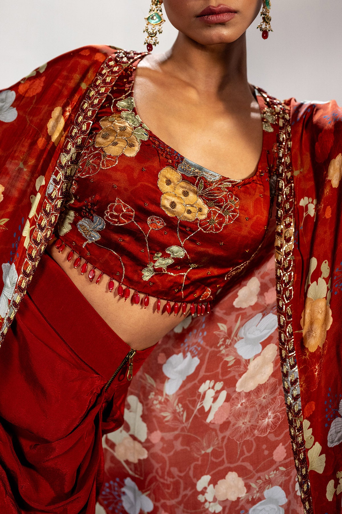 Rust Print Embroidered Cape Set