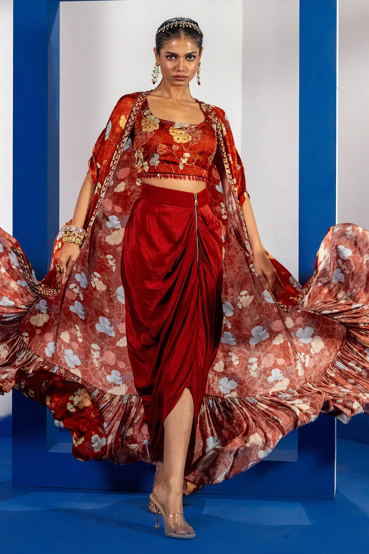 Rust Print Embroidered Cape Set