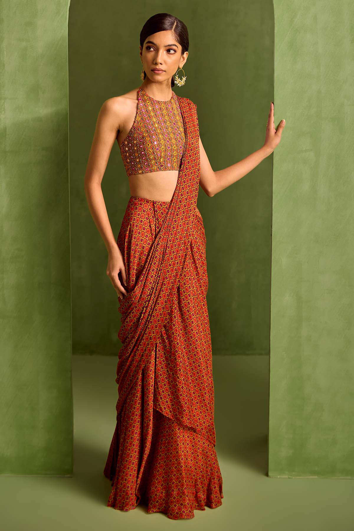 Rust Printed Pre-Draped Saree