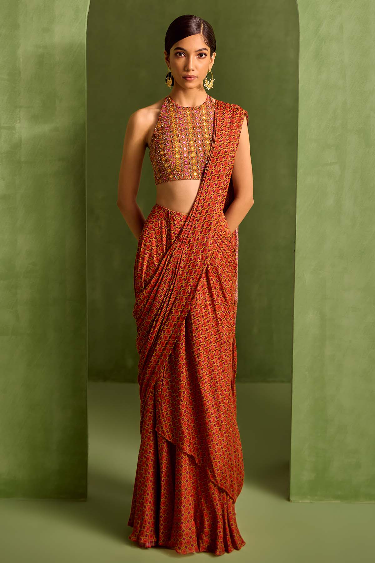 Neha Khullar Rust Printed Pre-Draped Saree for women online at ScrollnShops