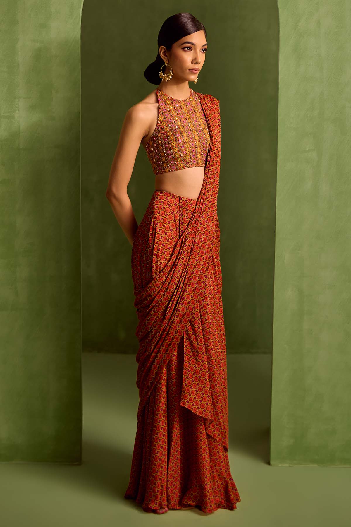 Rust Printed Pre-Draped Saree