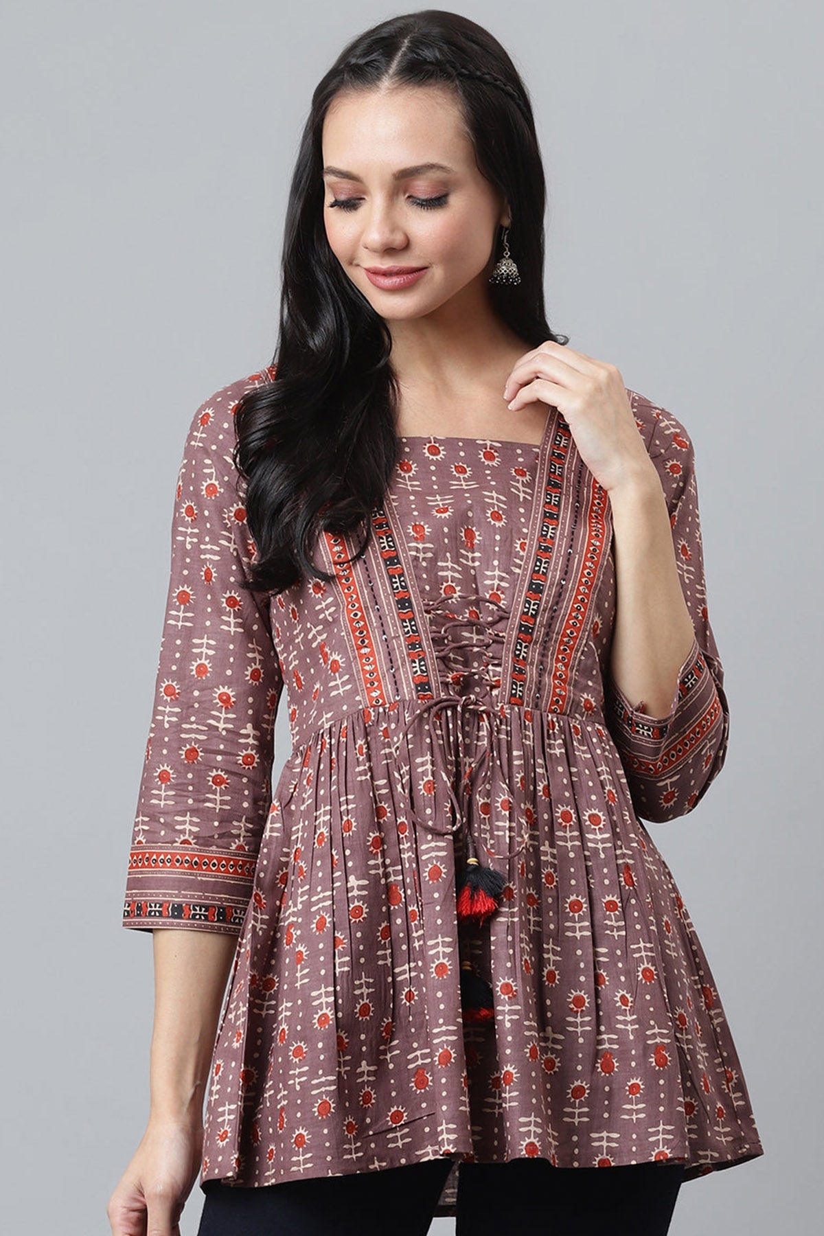 Buy Rust Printed Tie Up Tassels Top for Women by Qomn Designer online available at scrollnshops