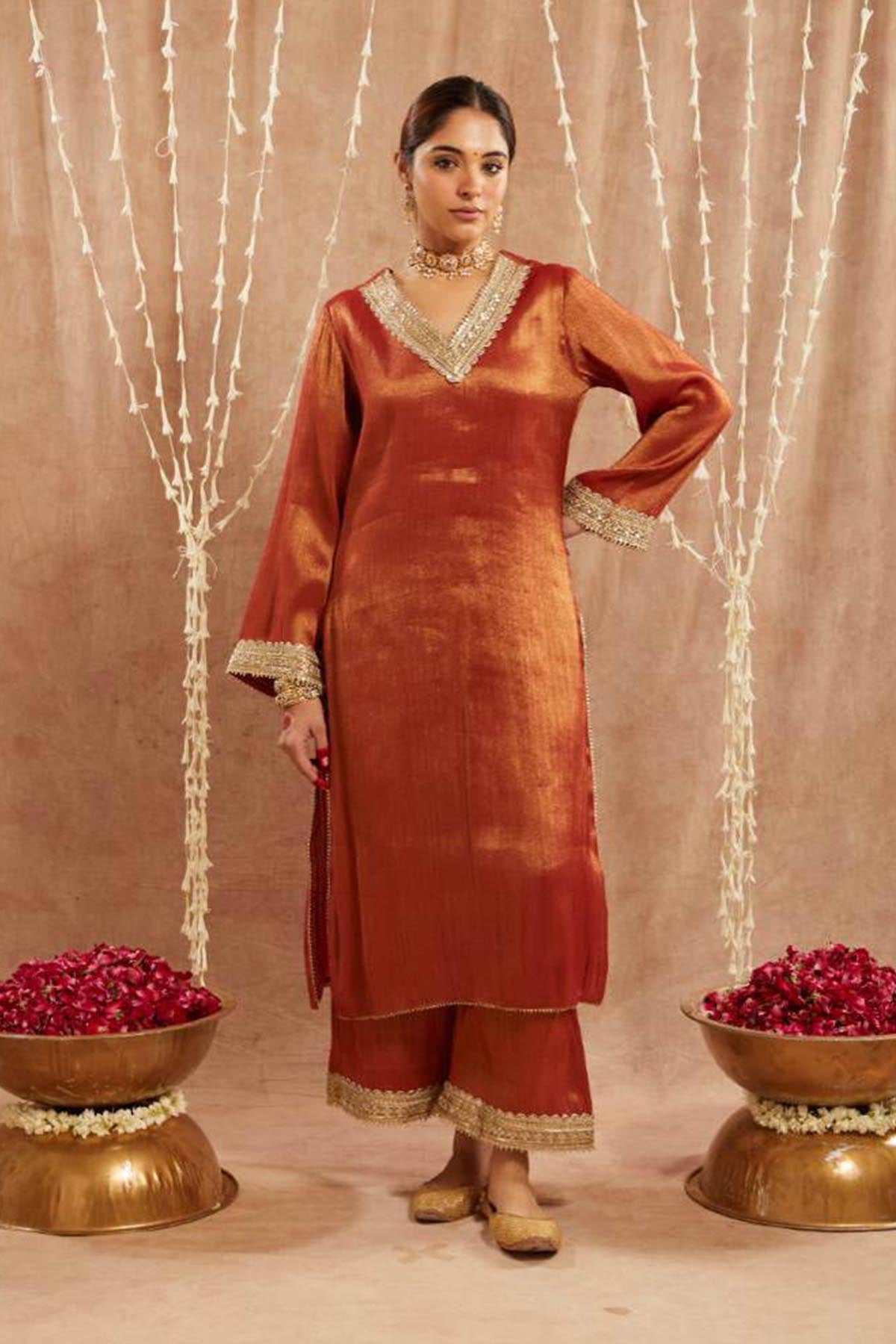 Buy Rust Sequins Gota Kurta Set by Nero for women online at ScrollnShops