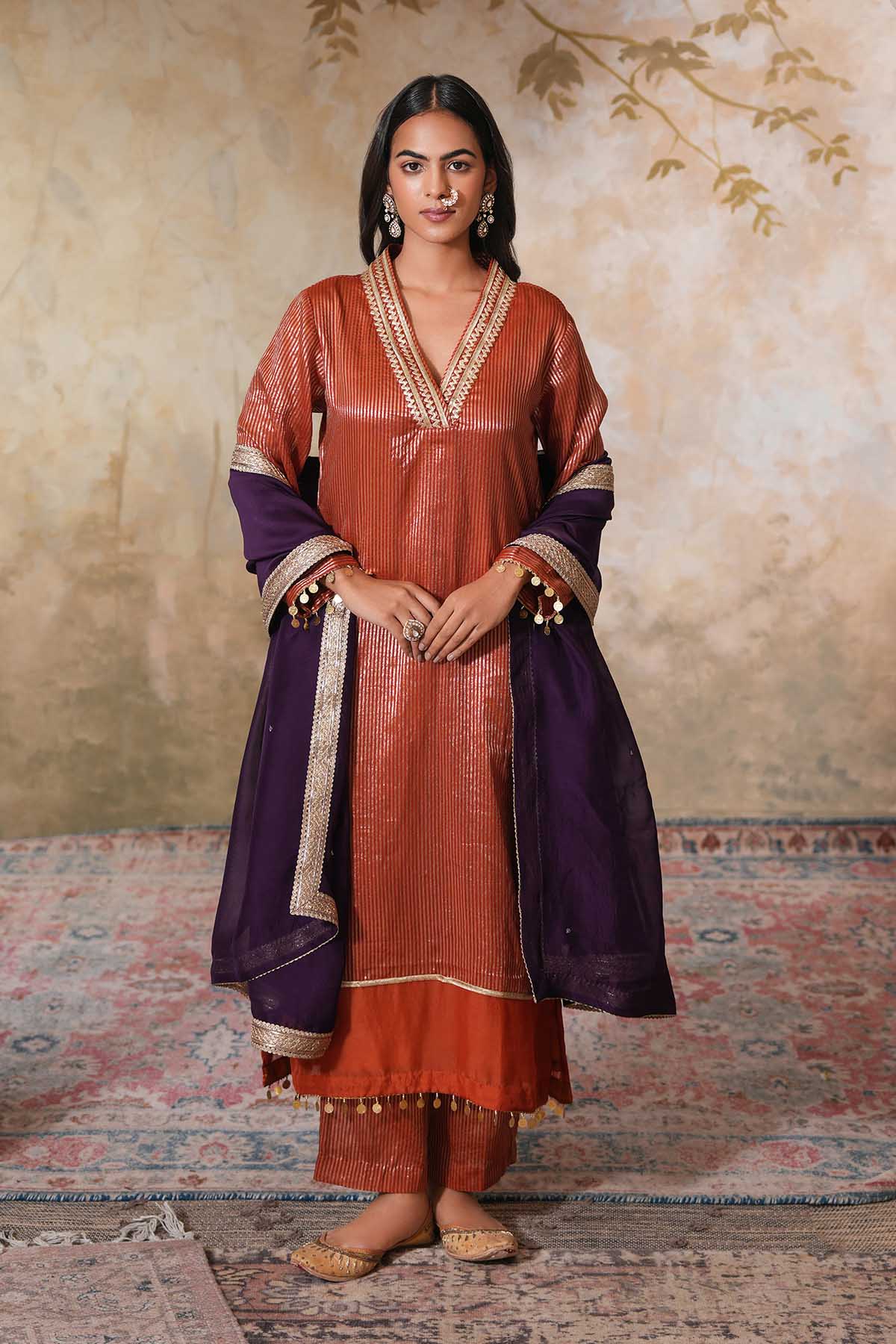 Rust Sequins Work Kurta Set