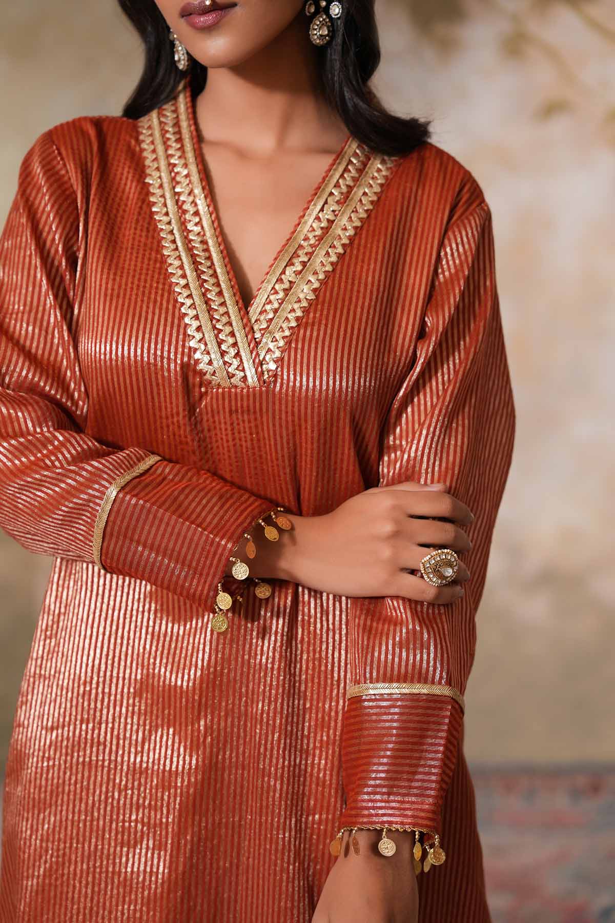 Rust Sequins Work Kurta Set