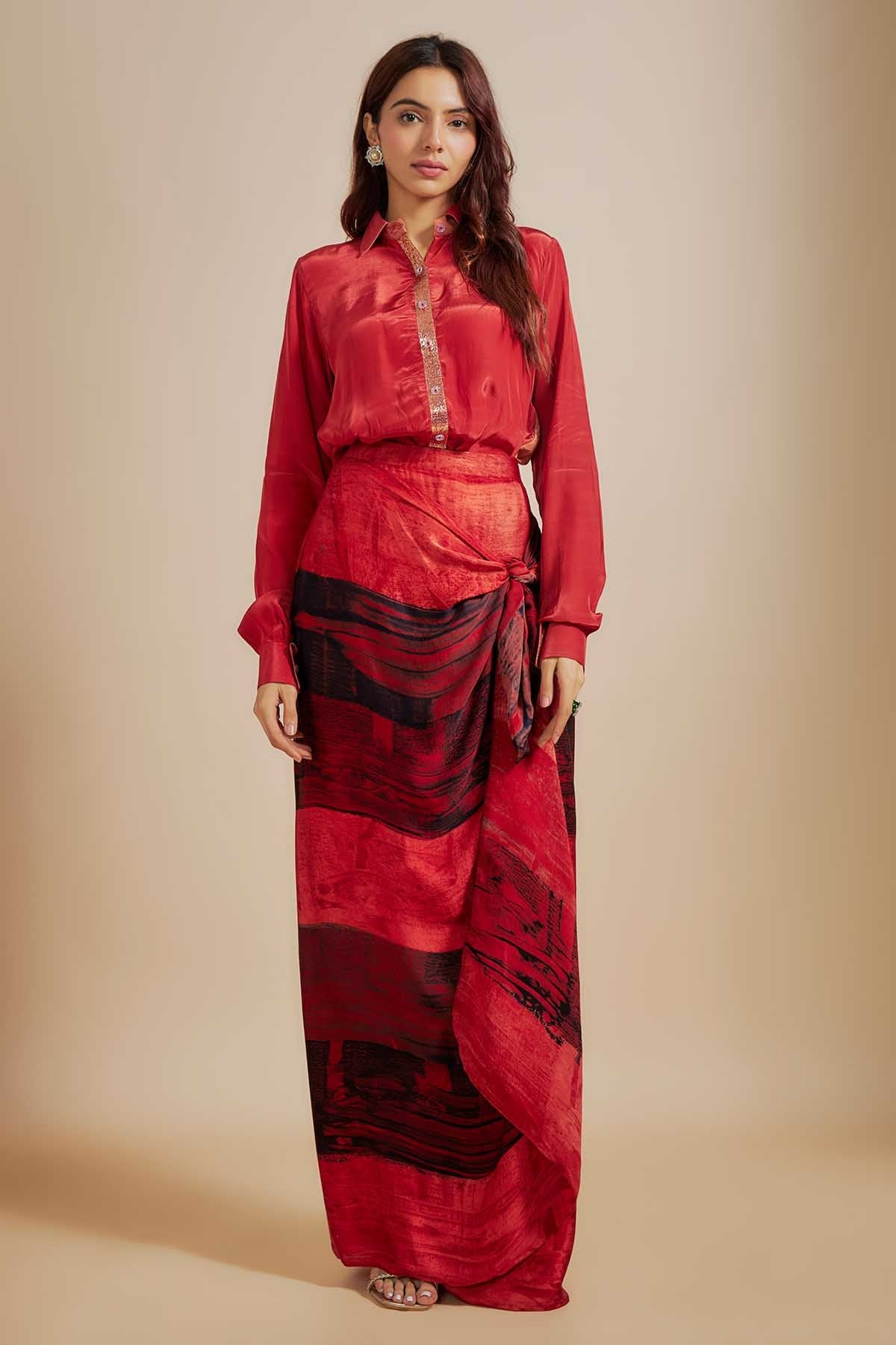 Buy Rust Shirt & Printed Knot Skirt by Masumi Mewawalla for women online at ScrollnShops