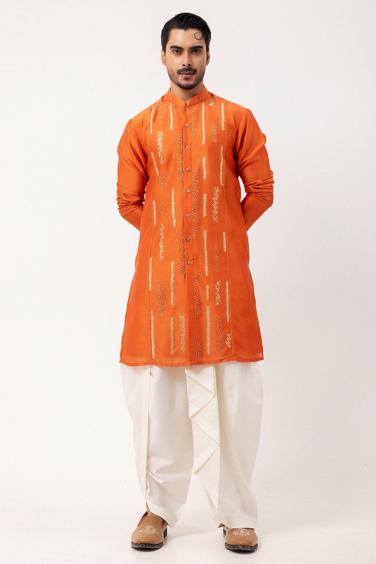 Buy Rust Silk Chanderi Katha Kurta for men by Paarsh Atelier online available at scrollnshops