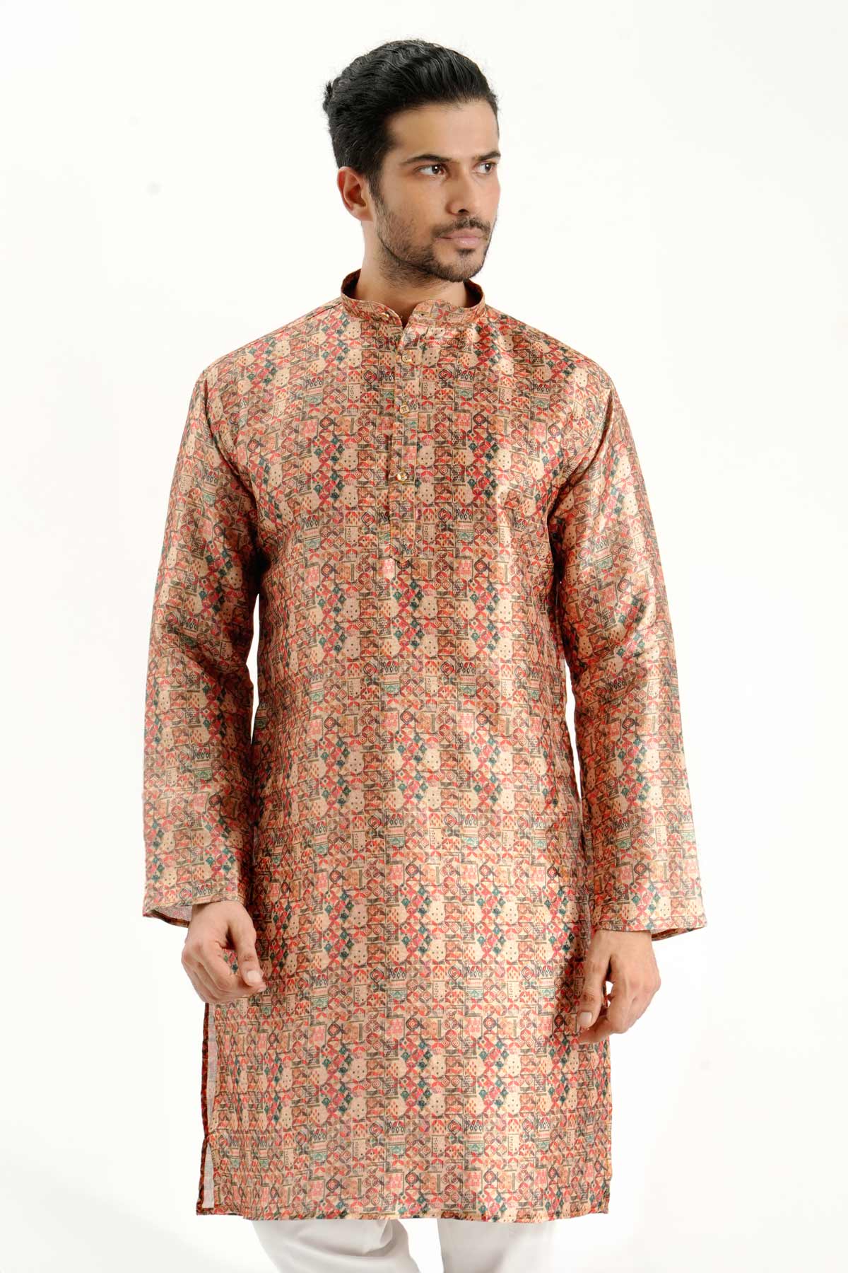 Buy Rust Silk Printed Detail Kurta for men by Aastha Fashion online available at scrollnshops