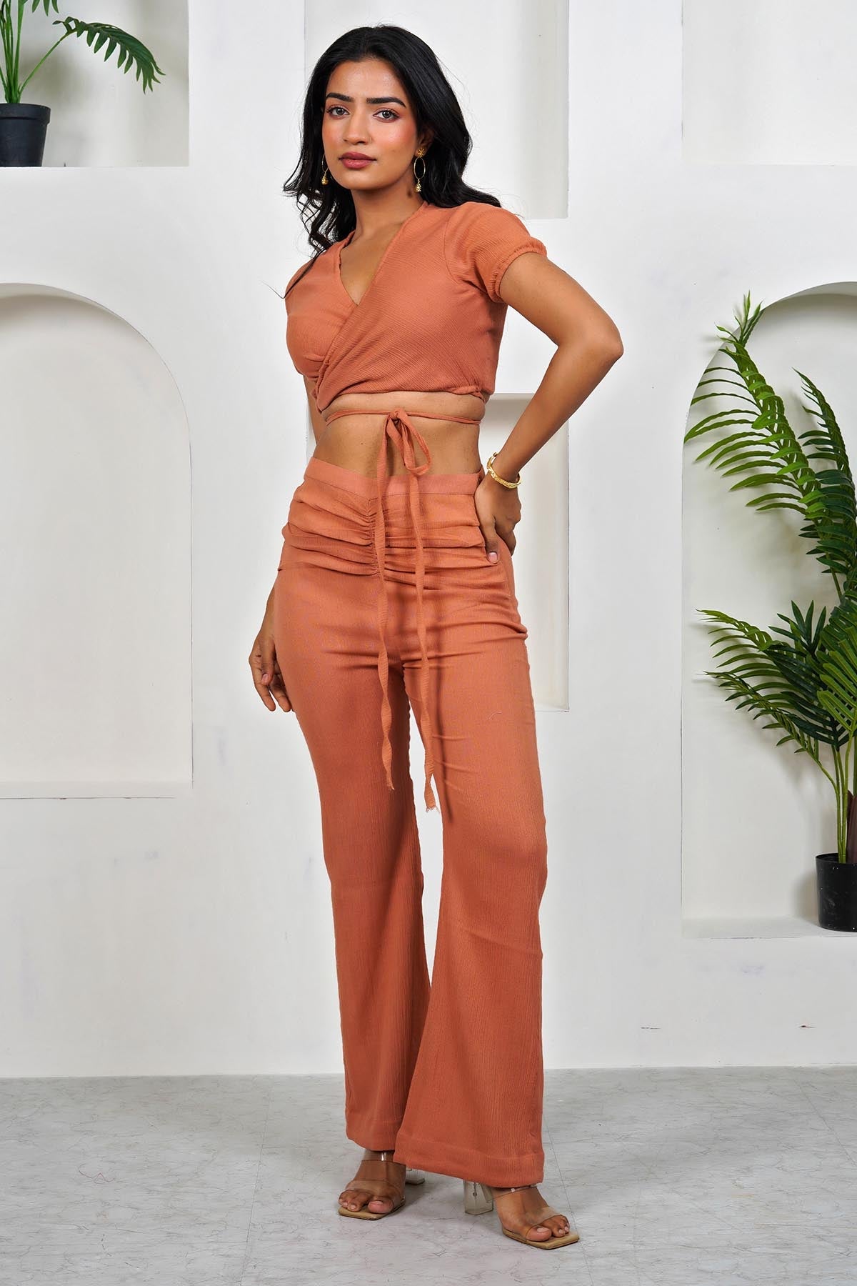 Imrie Rust V-Neck Crop Top & Pants for women online at ScrollnShops