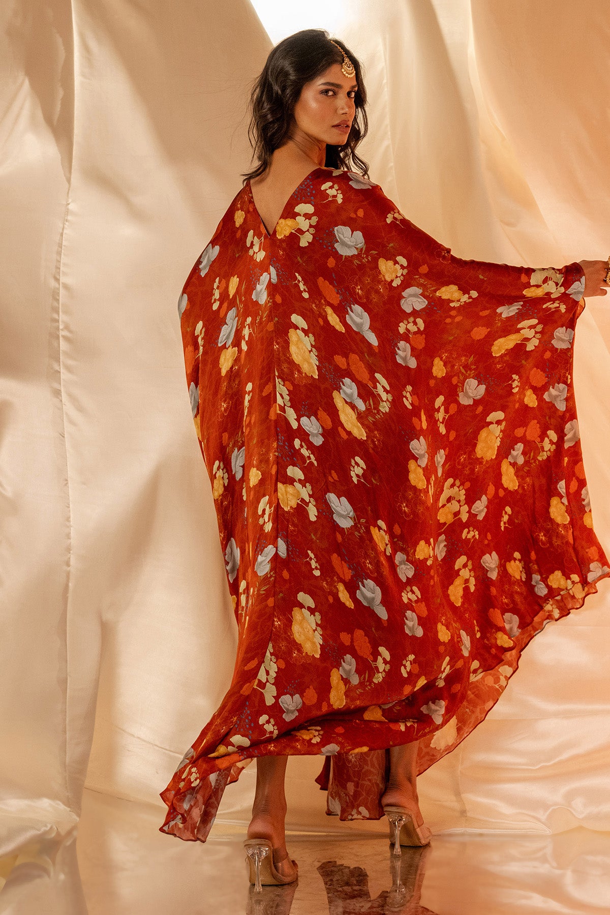 Rust V-Neck Embroidered Kaftan