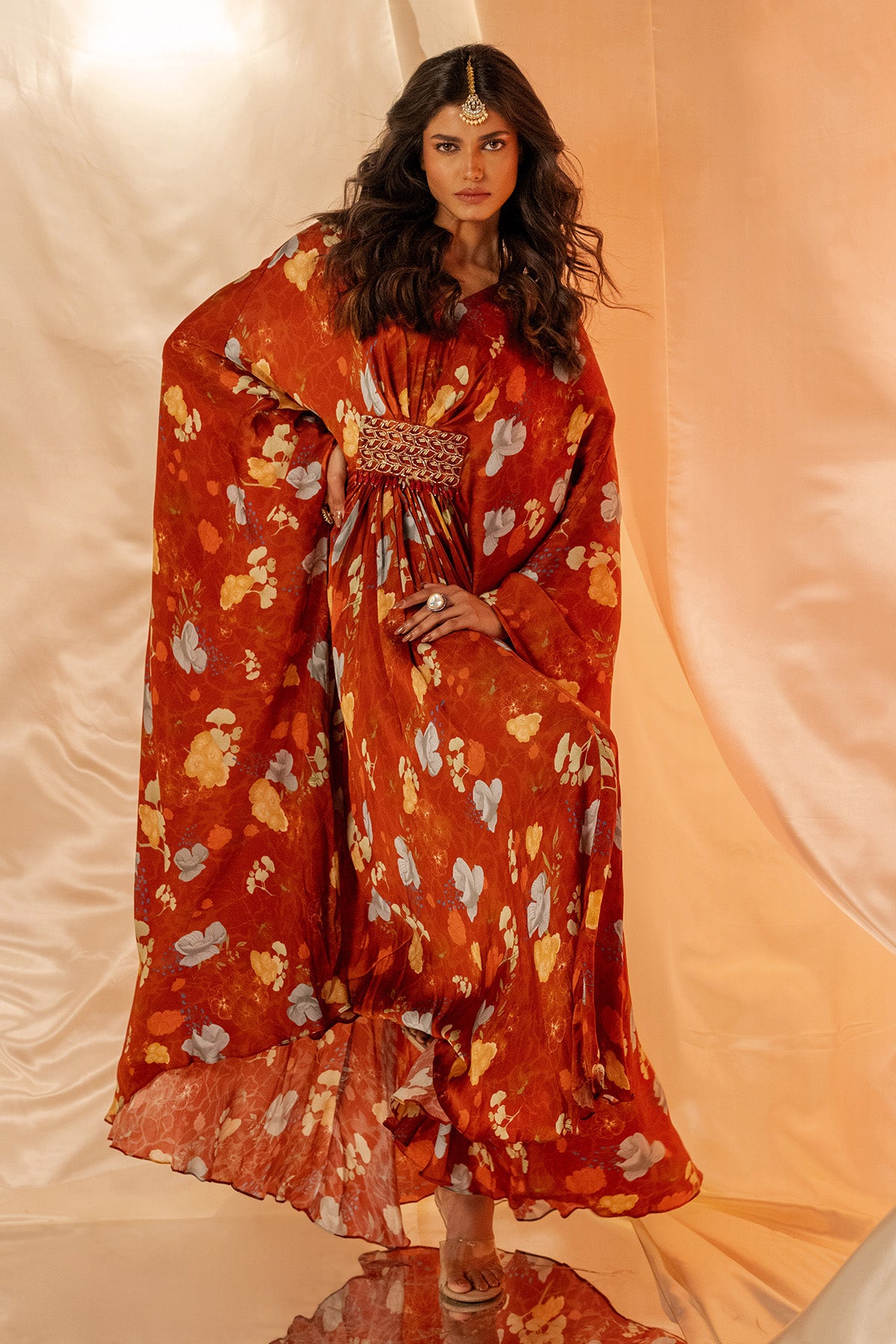 Rust V-Neck Embroidered Kaftan