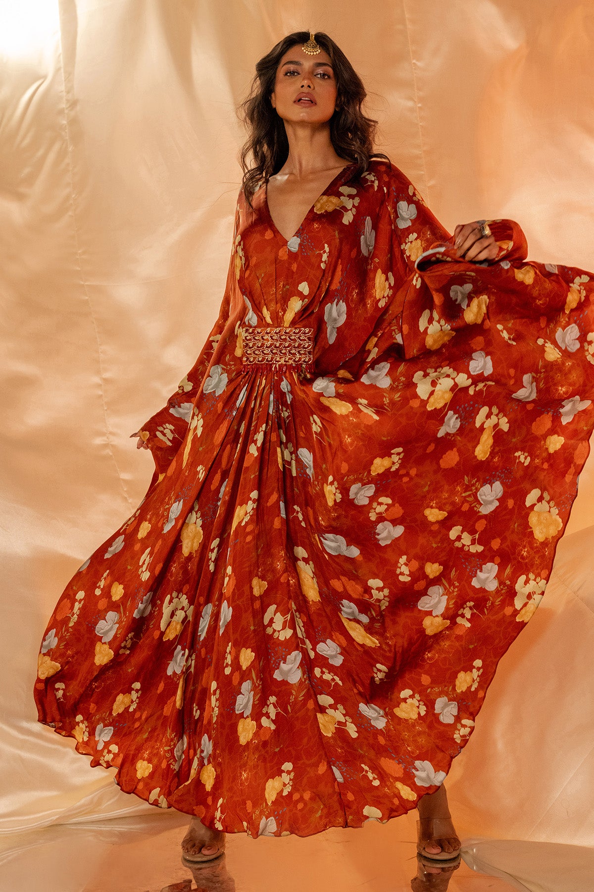 Rust V-Neck Embroidered Kaftan