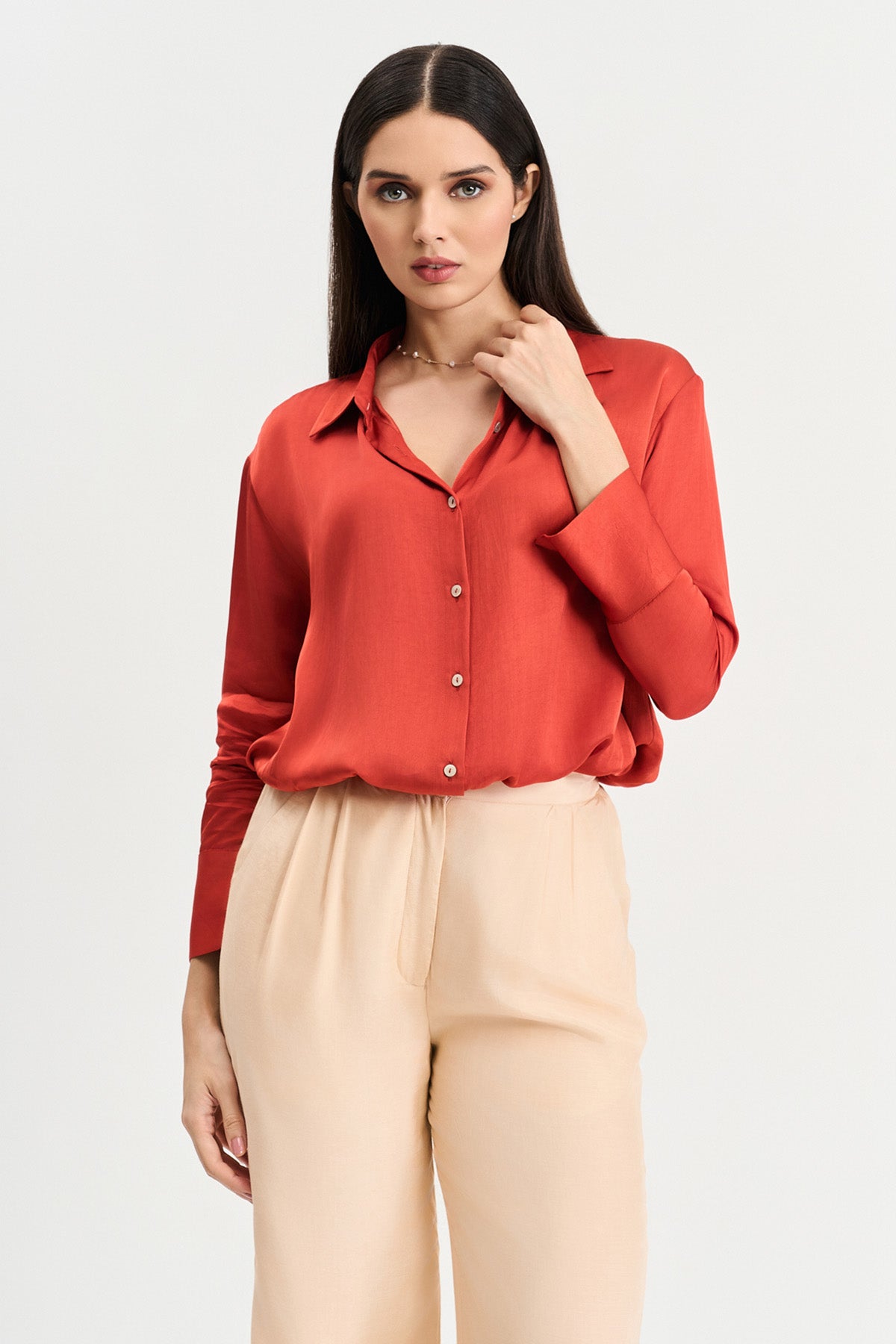 Rust Viscose Shirt & beige Pants