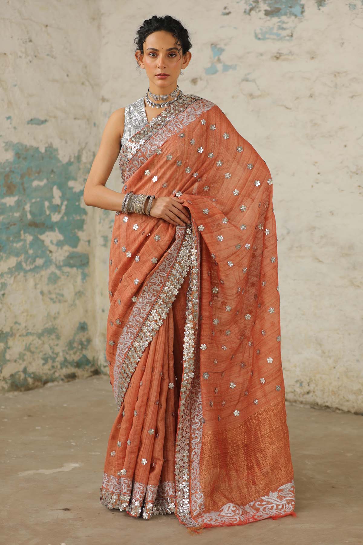 Saksham Neharicka Rust Zardosi Saree & Blouse for women online at ScrollnShops