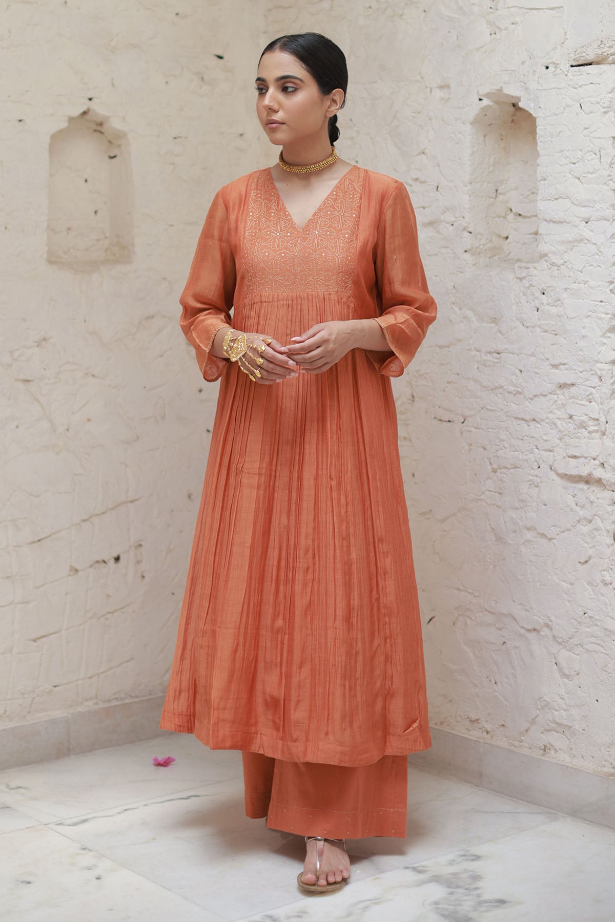 Rust Zari Embroidered Kurta Set