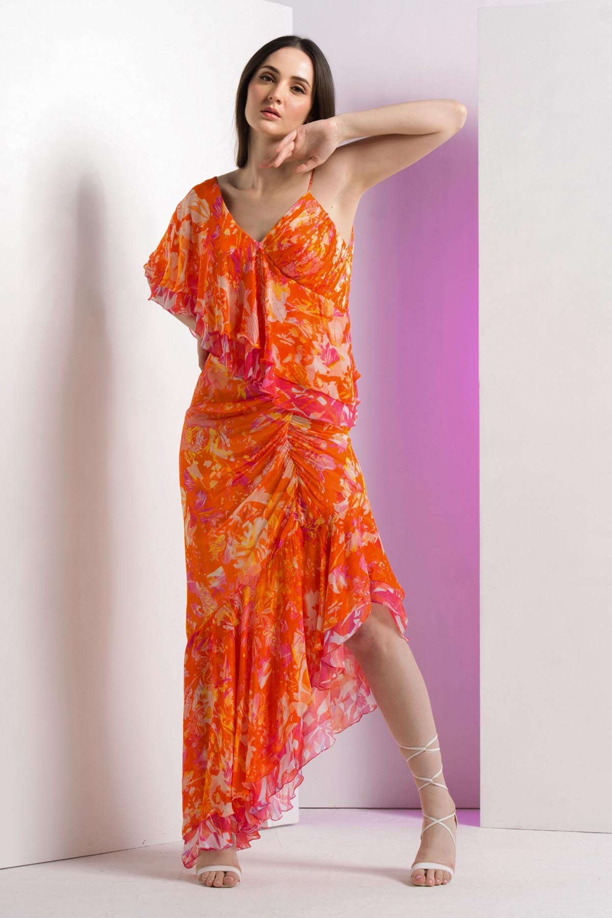 Saffron Chiffon Asymmetric Dress