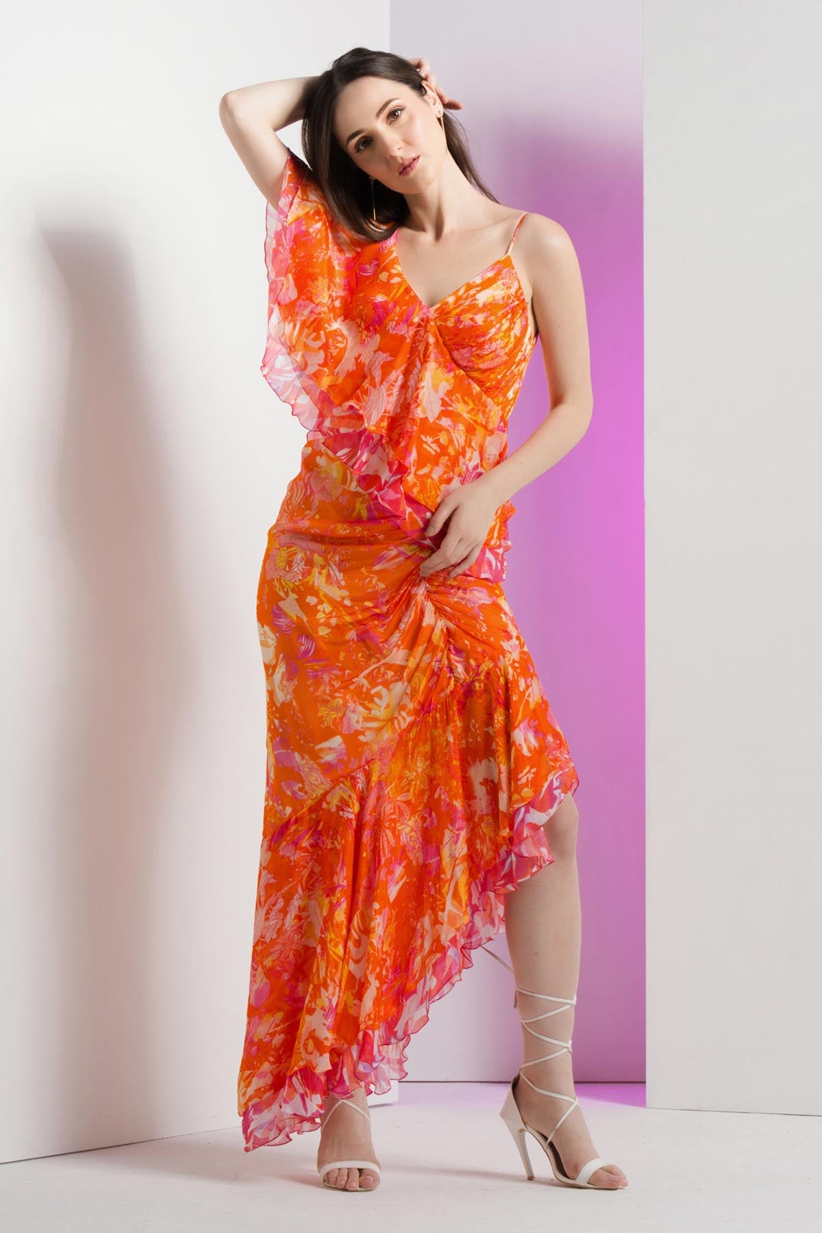 Saffron Chiffon Asymmetric Dress