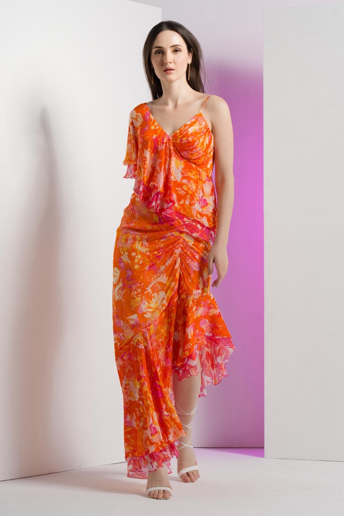 Buy Saffron Chiffon Asymmetric Dress by Mandira Wirk