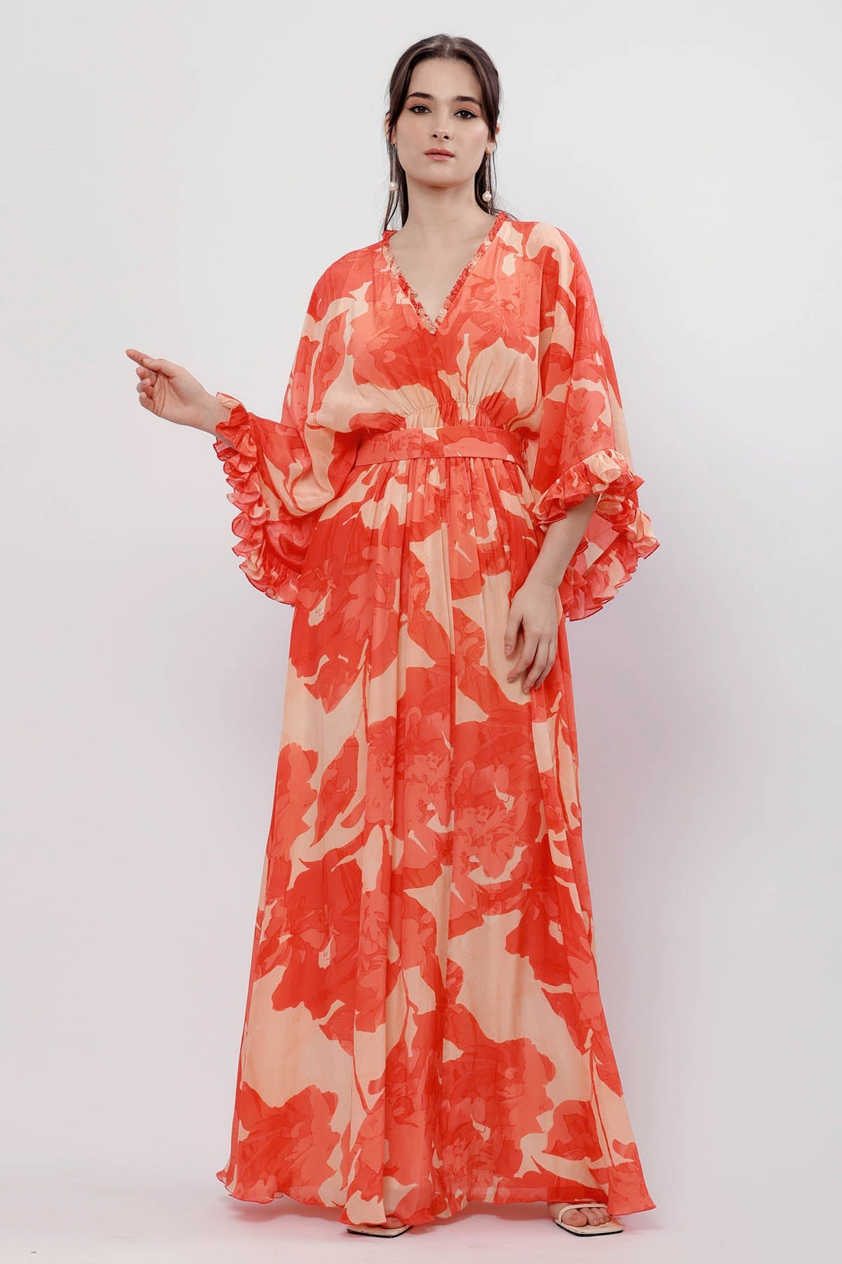 Buy Saffron Crepe Floral Dress by Mandira Wirk