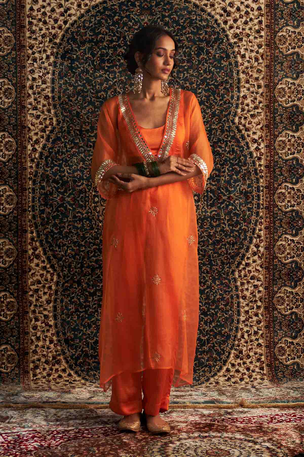 Buy Saffron Dabka V-Neck Kurta Set Online