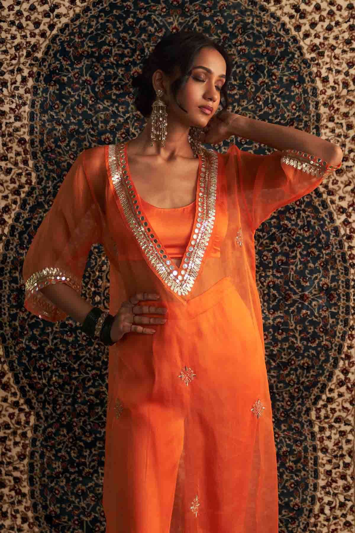 Buy Saffron Dabka V Neck Kurta Set By Charkhee At ScrollnShops buy-saffron-dabka-v-neck-kurta-set-by-charkhee-at-scrollnshops