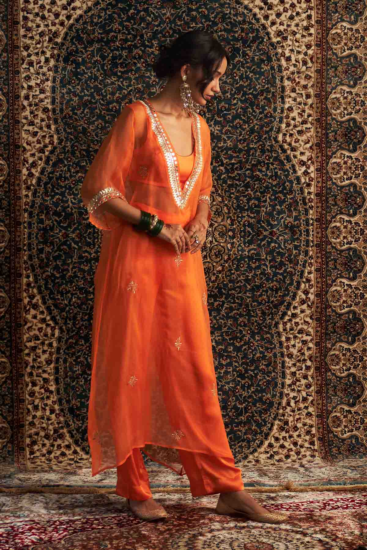 Saffron Dabka V-Neck Kurta Set