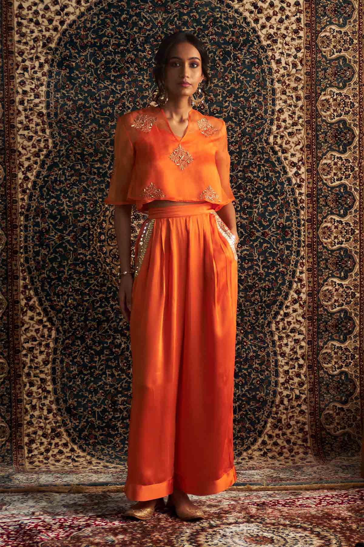 Buy Saffron Embroidered Pants Set Online