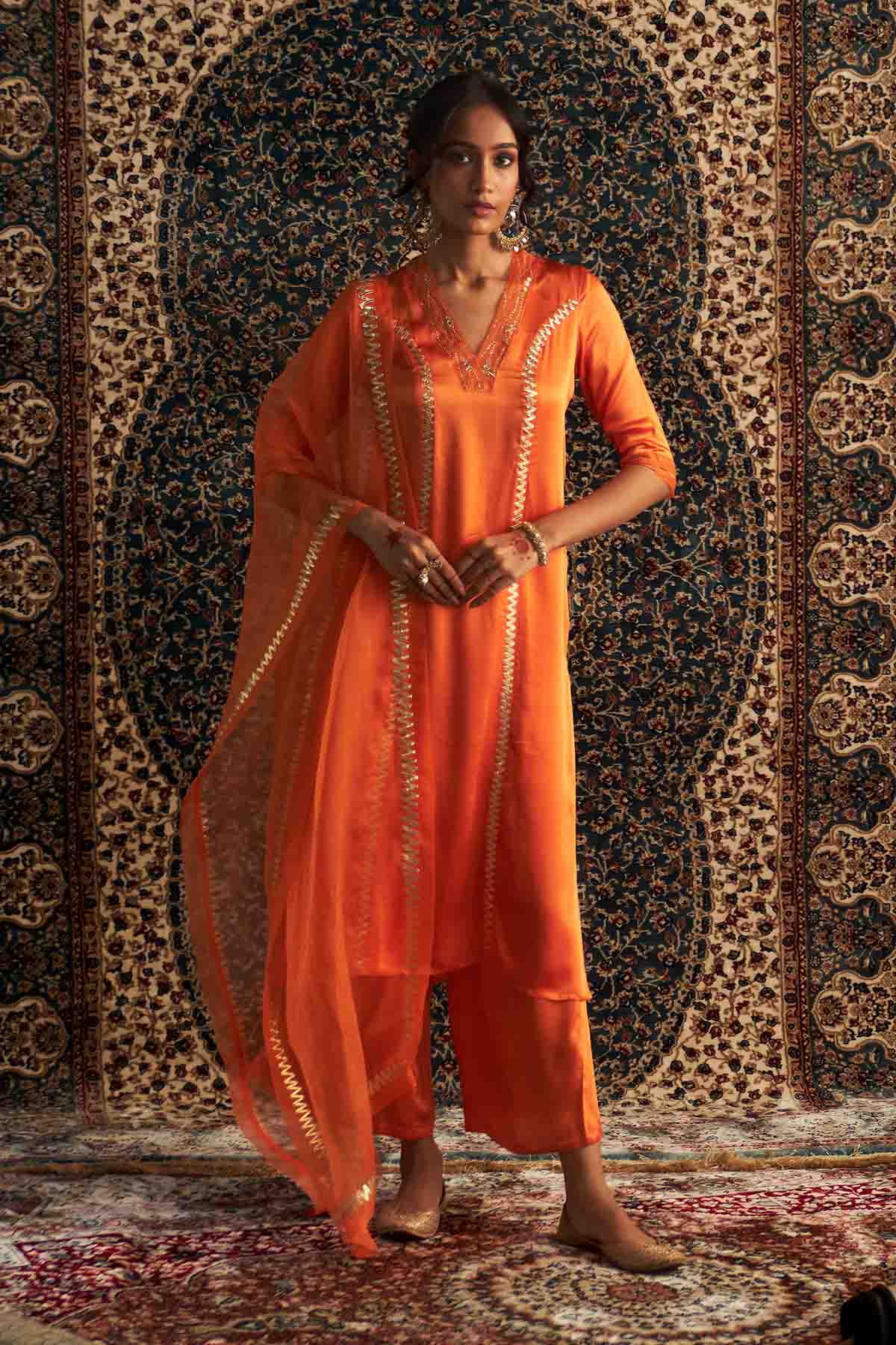Buy Saffron Gota Detail Kurta Set Online