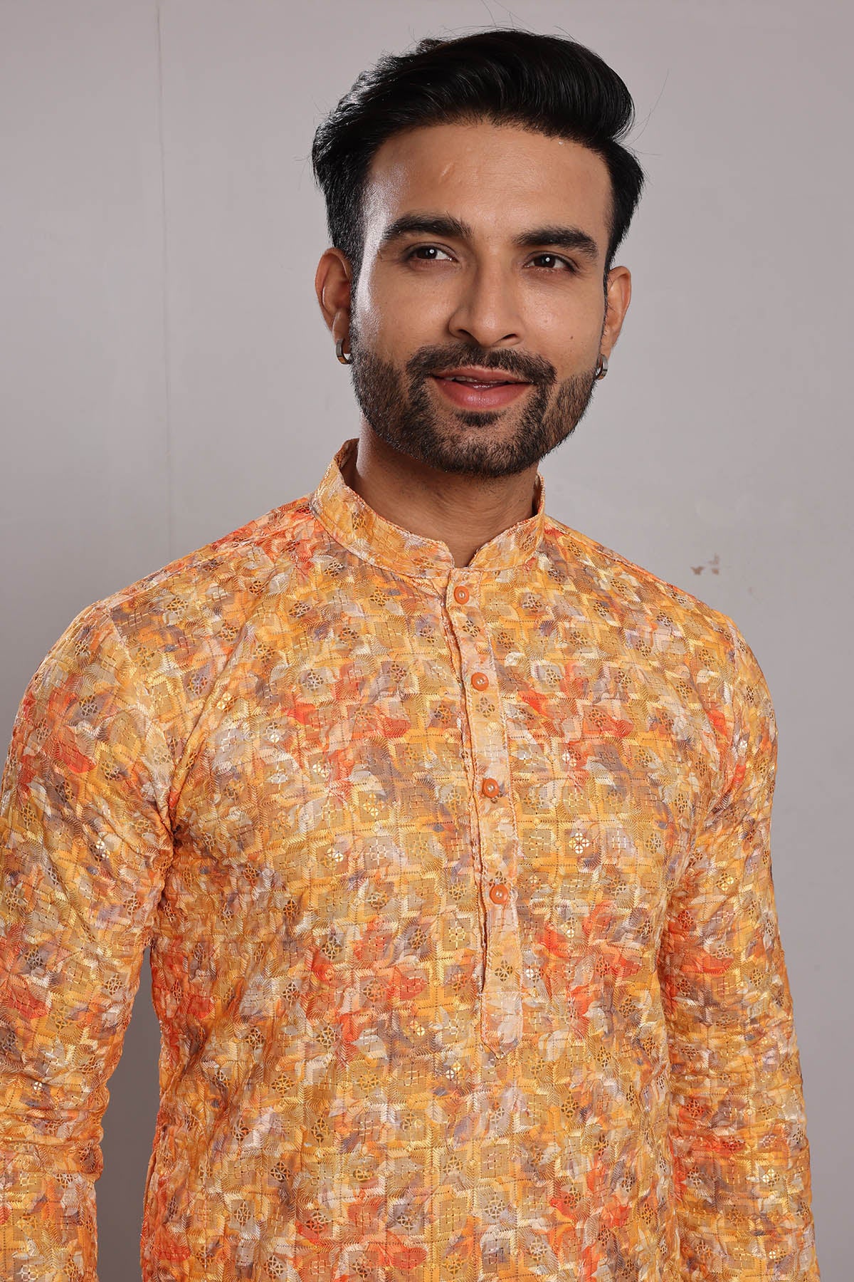 Saffron Silk Thread Work Kurta