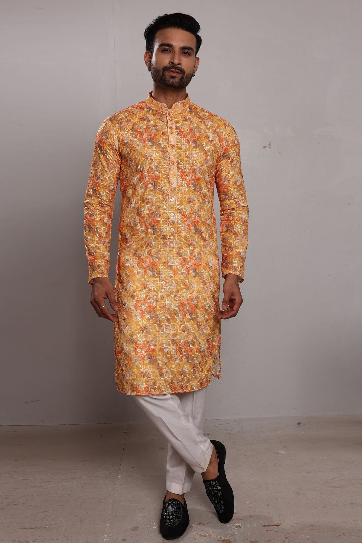 Buy Saffron Silk Thread Work Kurta by SNEHA B for men online at ScrollnShops