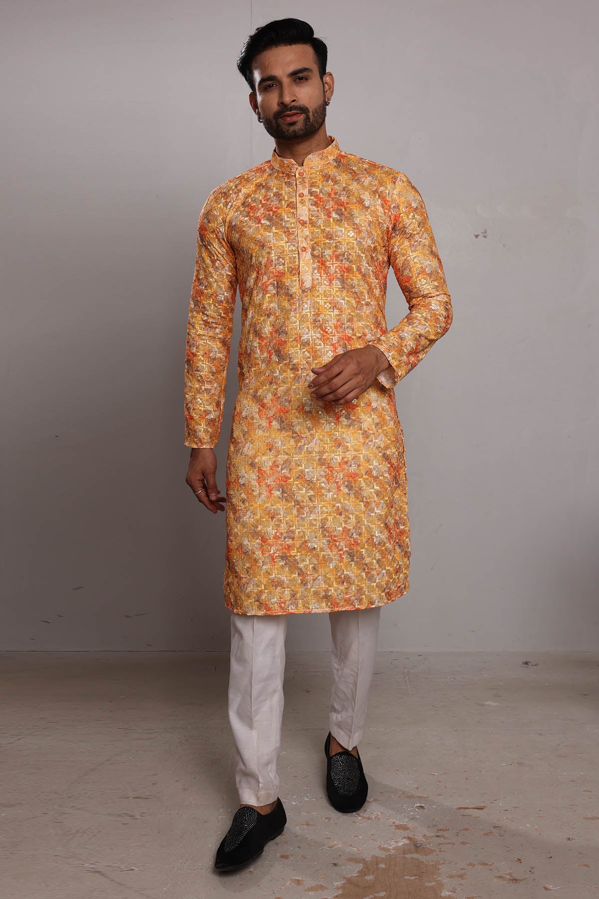 Saffron Silk Thread Work Kurta