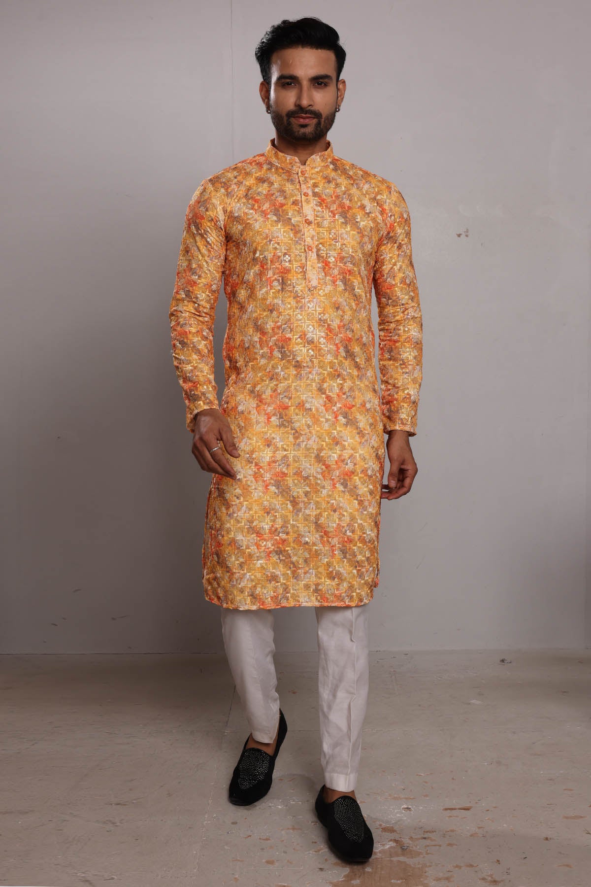 Saffron Silk Thread Work Kurta