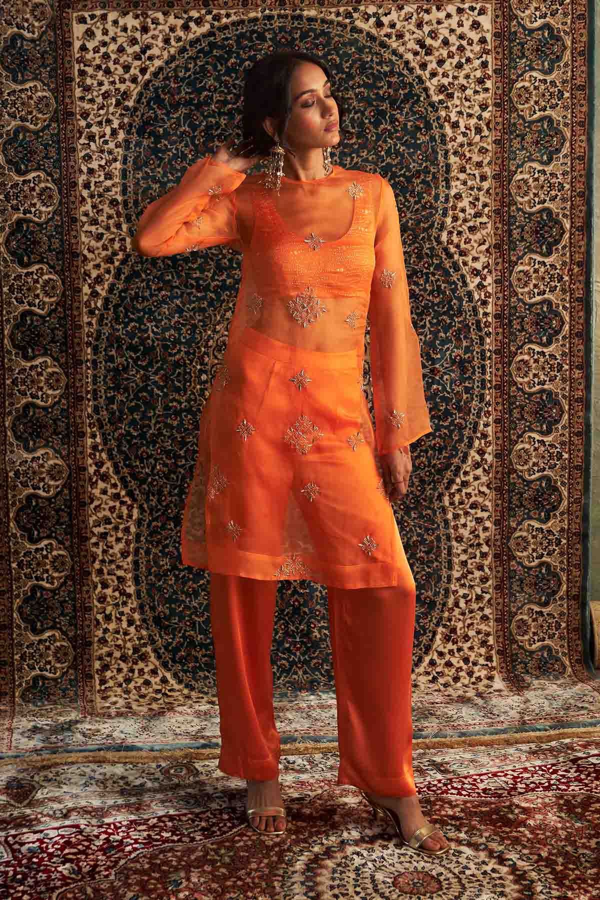 Buy Saffron Zari Straight Kurta Set by Charkhee for women online at ScrollnShops