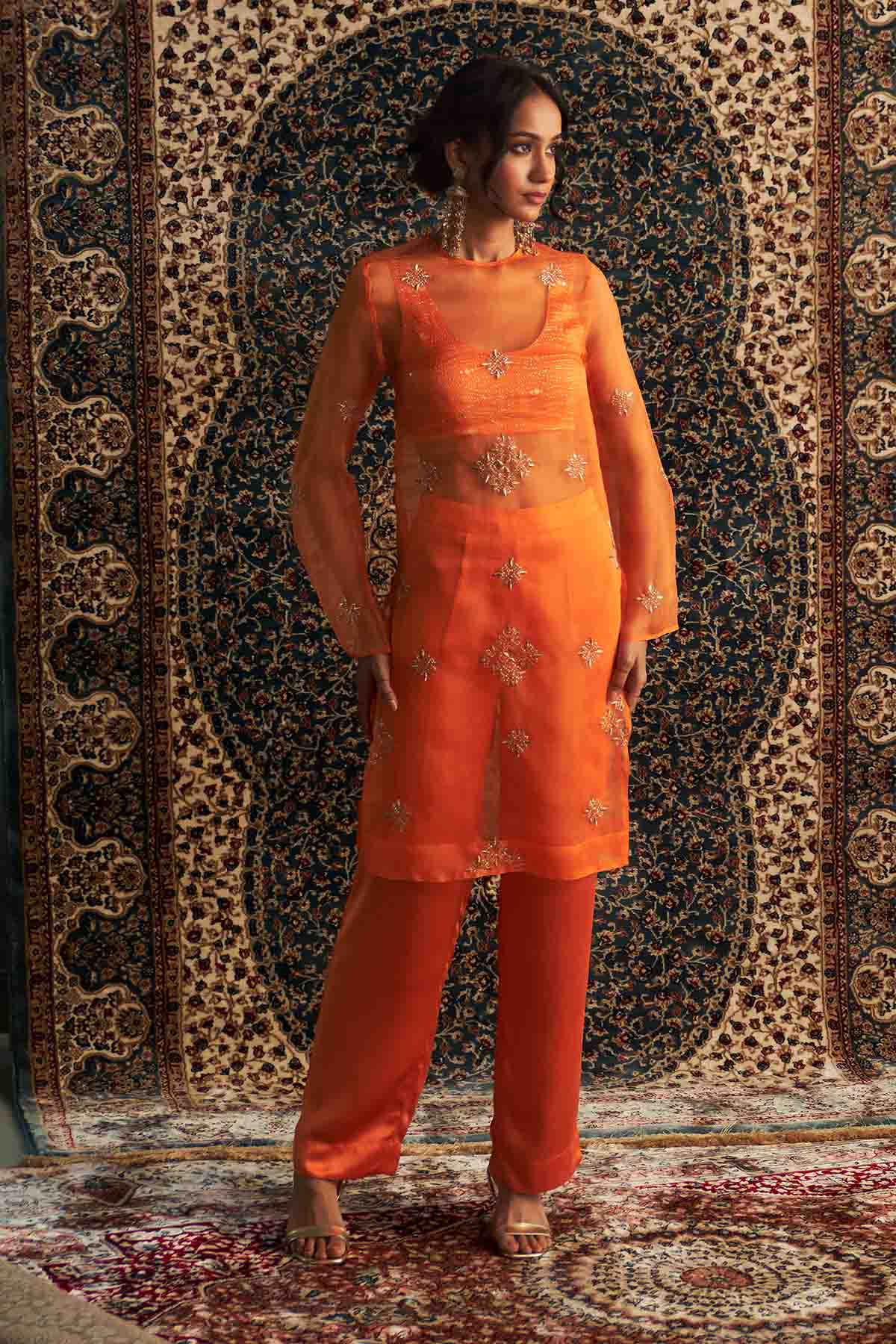 Saffron Zari Straight Kurta Set