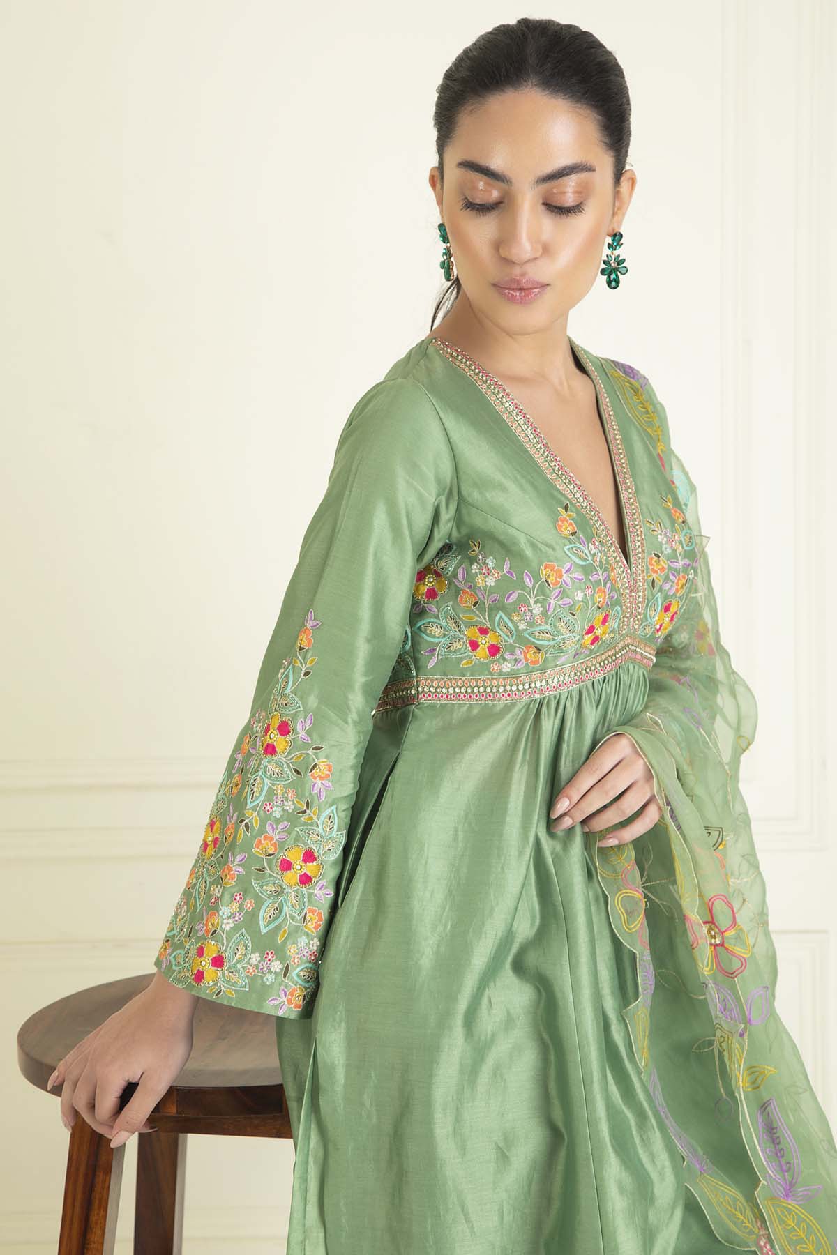 Sage Green Chanderi Anarkali Set