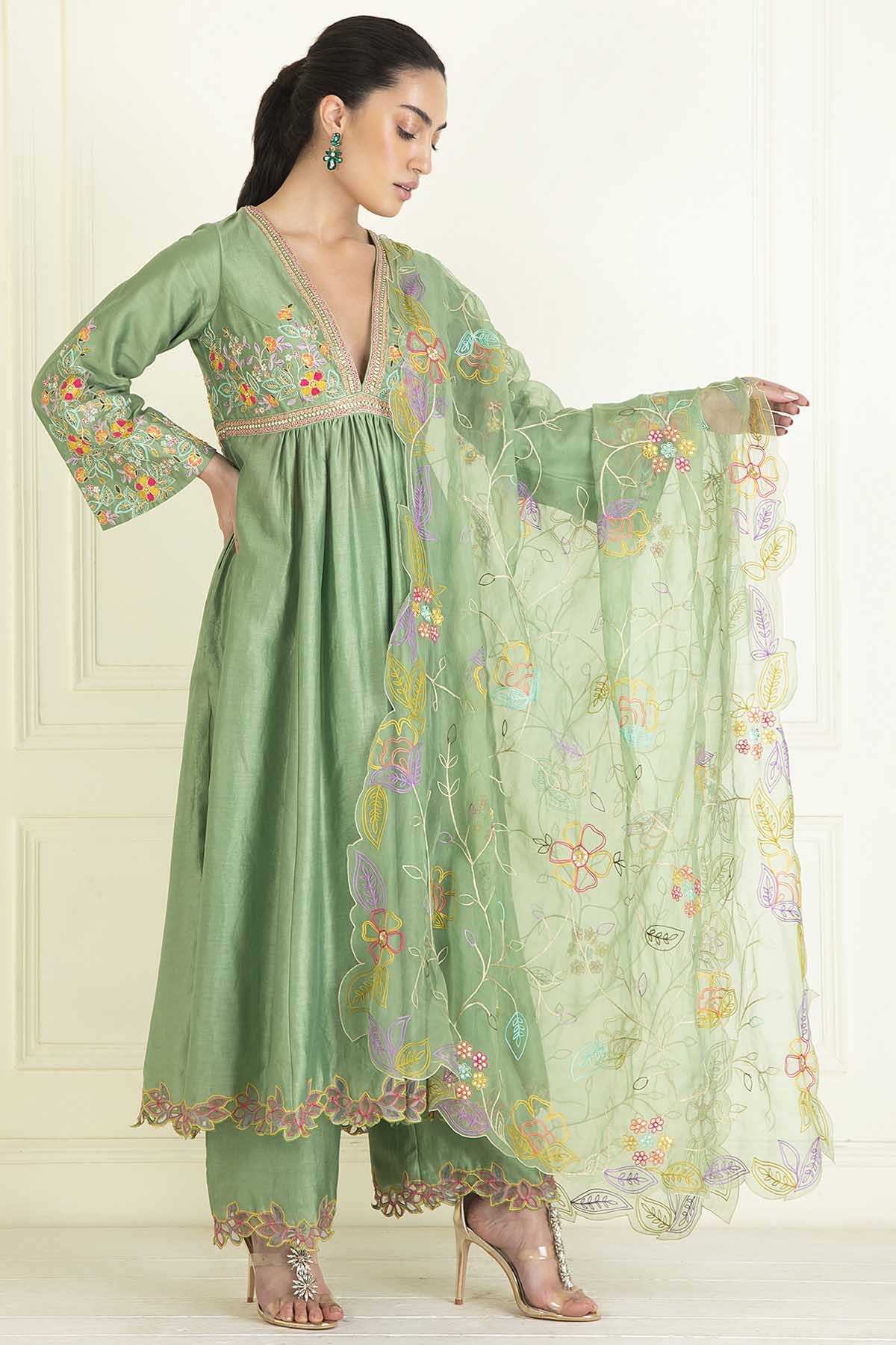 Sage Green Chanderi Anarkali Set