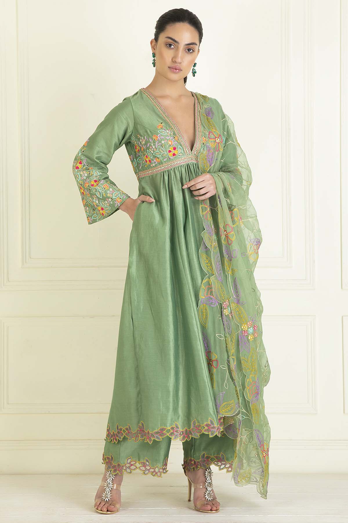 Sage Green Chanderi Anarkali Set