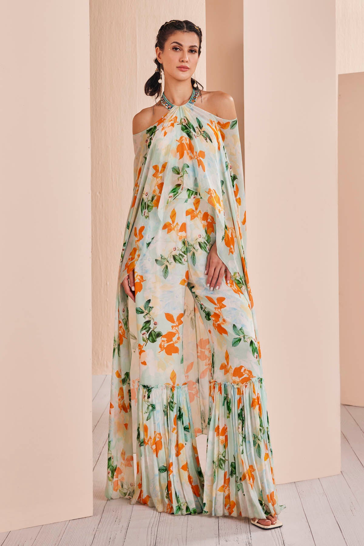 Sage Green Floral Halter Neck Jumpsuit