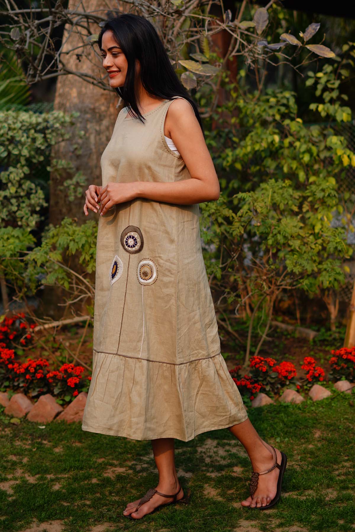 Buy Designer Sage Embroidered Linen Dress Online