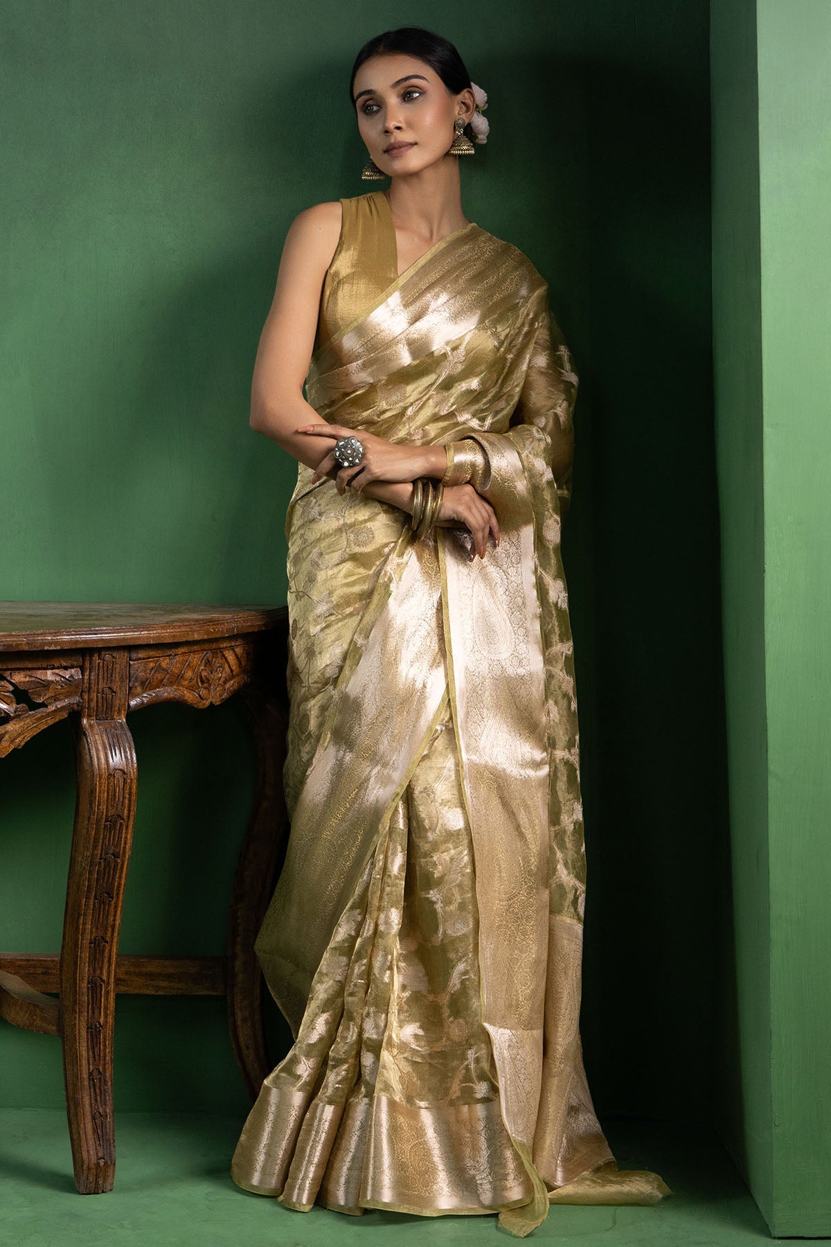 Buy Sage Green Banarasi Weave Saree for women by Ekagani Designer online available at scrollnshops