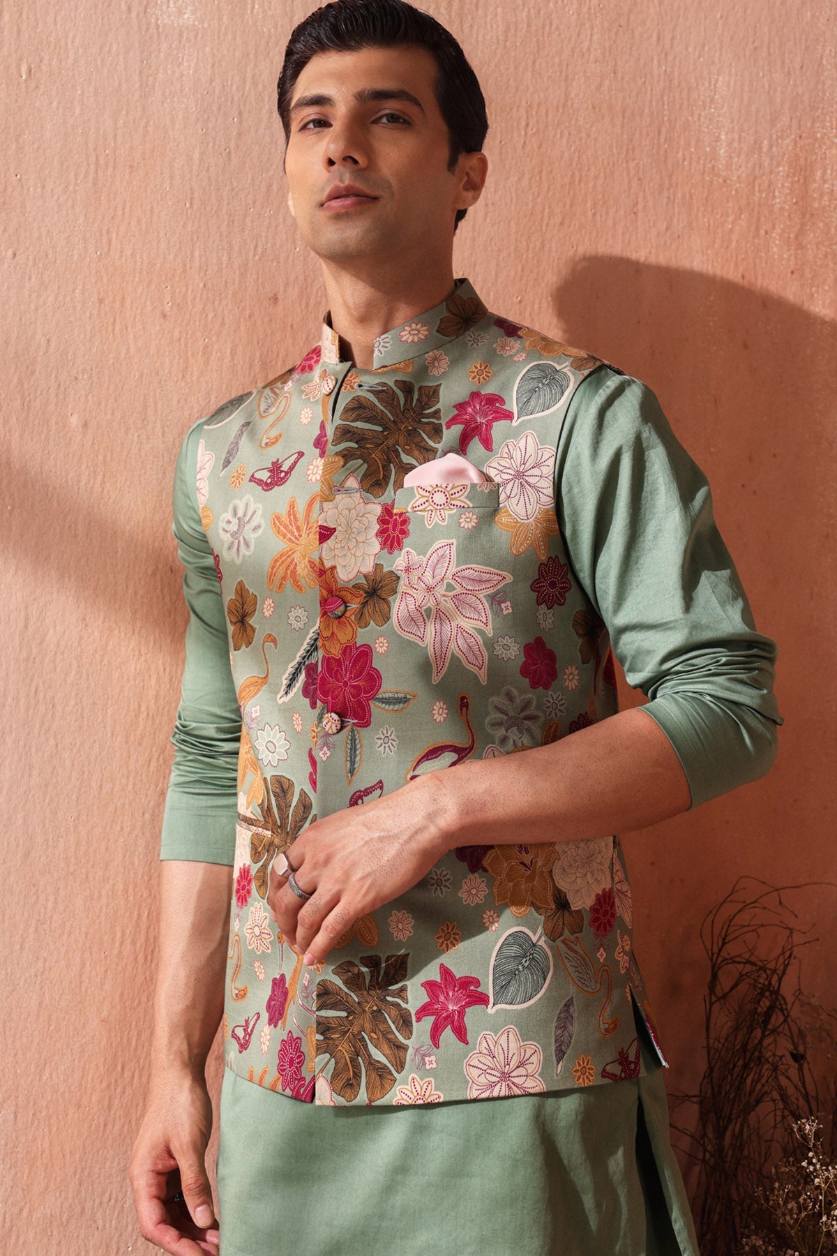 Buy Sage Green Embroidered Bundi by Seema Nanda for men online at ScrollnShops