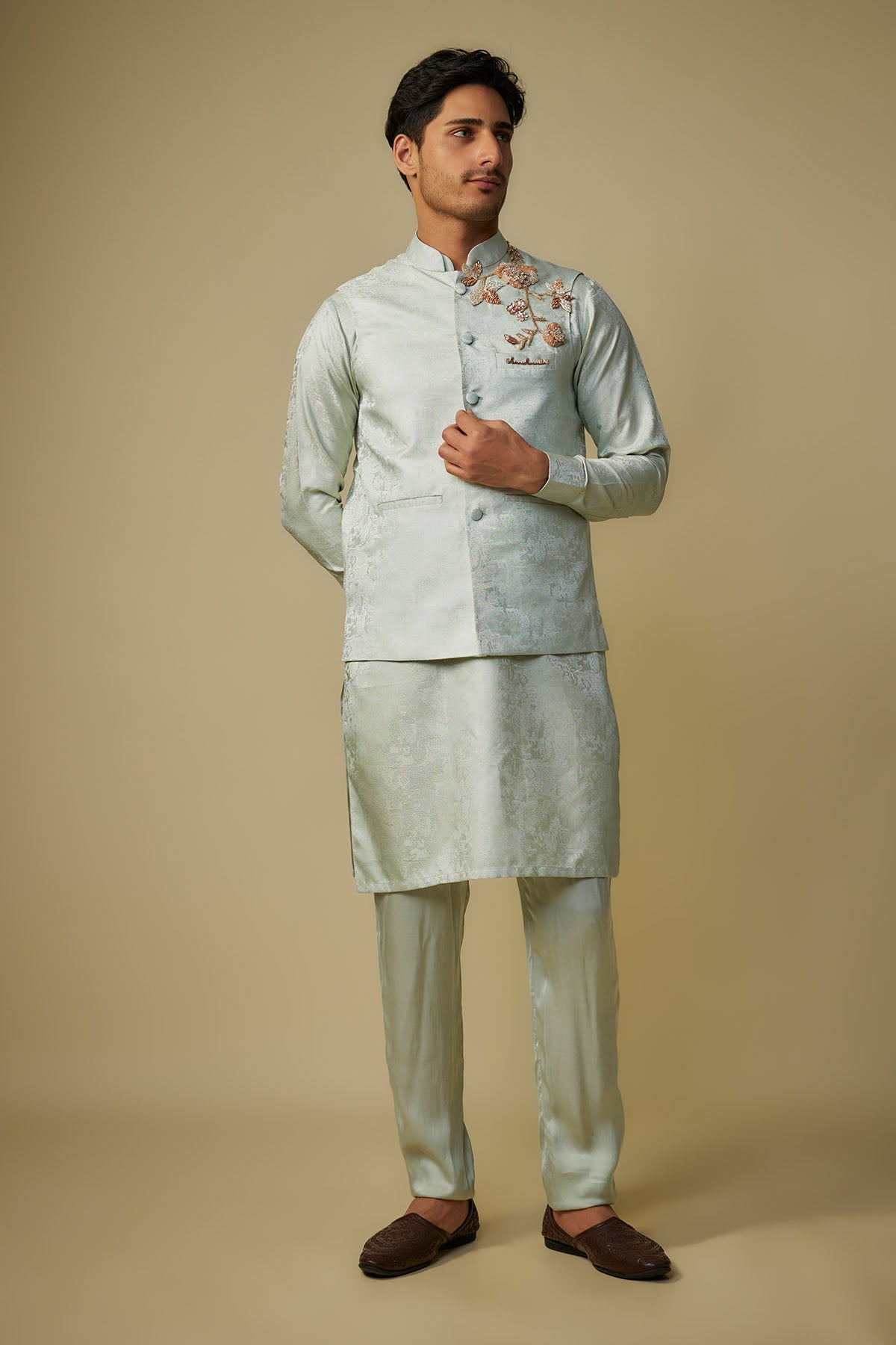 Buy Sage Green Embroidered Bundi Set by Masumi Mewawalla for men online at ScrollnShops