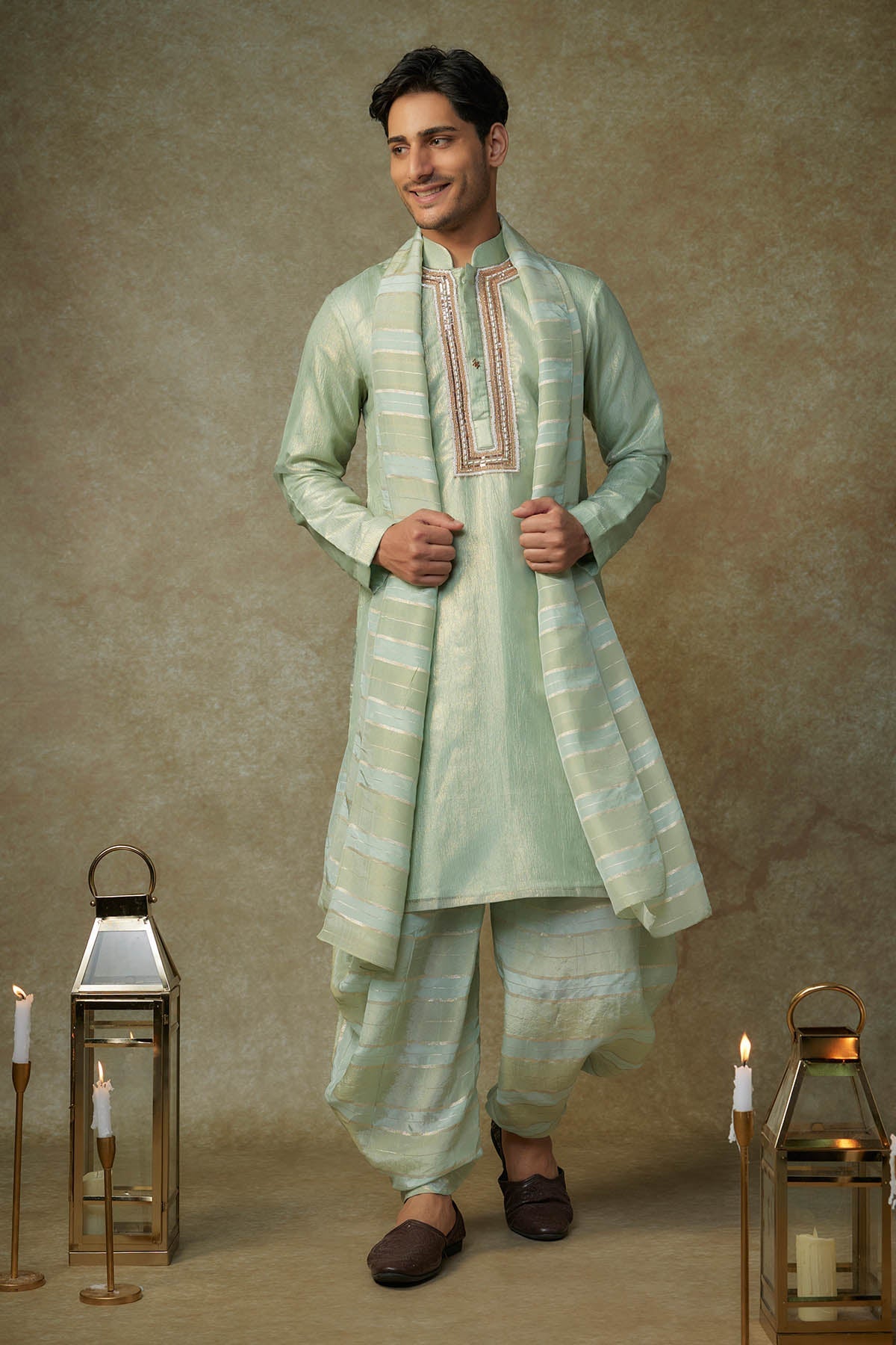 Buy Sage Green Embroidered Dhoti Set by Masumi Mewawalla for men online at ScrollnShops