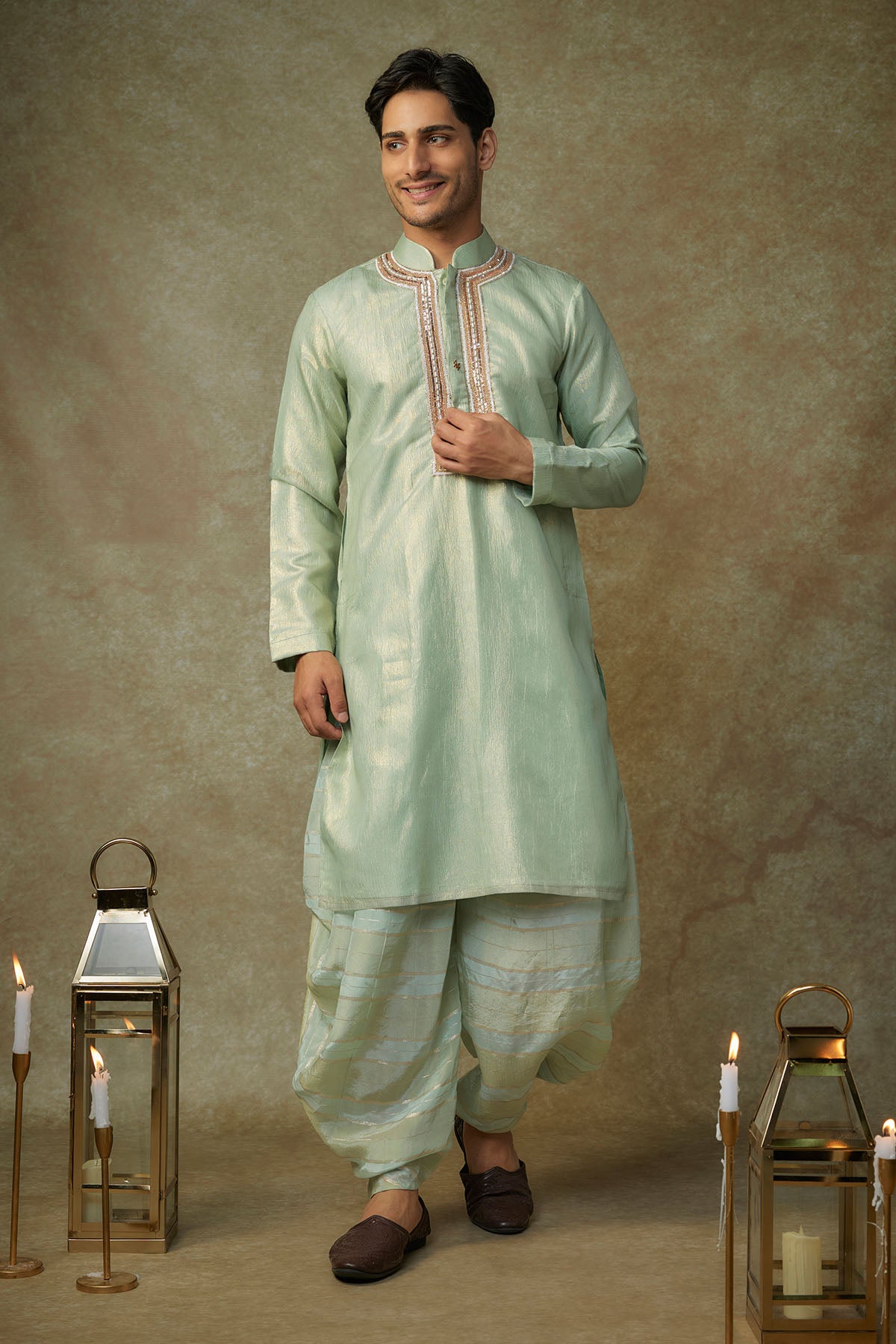 Buy Sage Green Embroidered Dhoti Set by Masumi Mewawalla