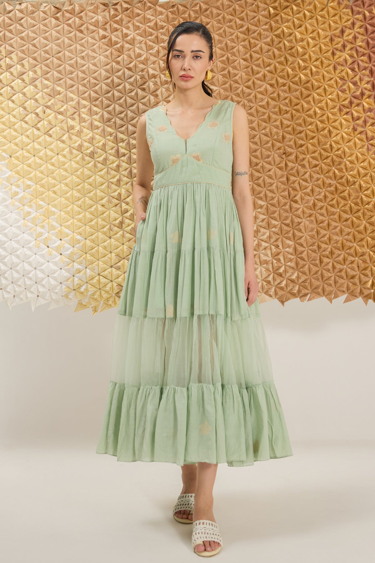 Sage Green Floral Tiered Dress