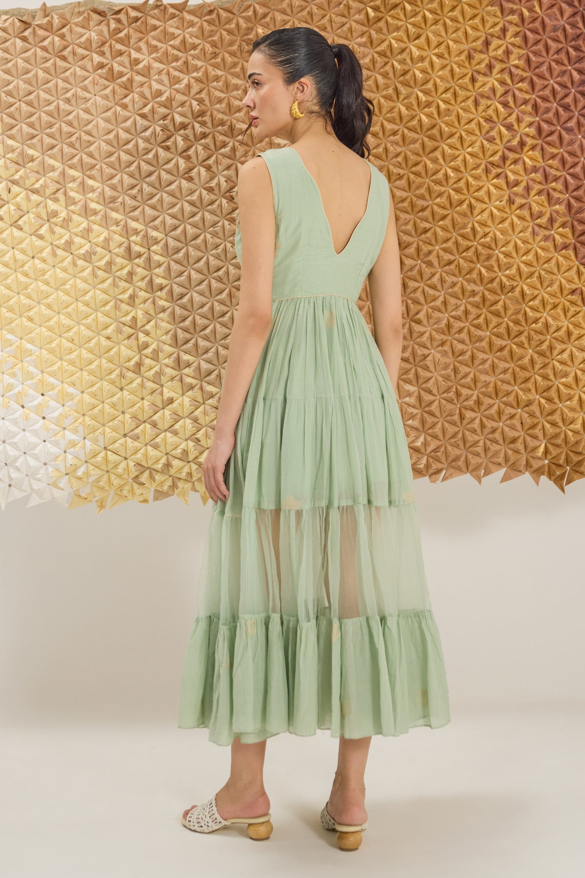 Buy Sage Green Floral Tiered Dress for Women by The Loom Art Buy Sage Green Floral Tiered Dress for Women by The Loom Art