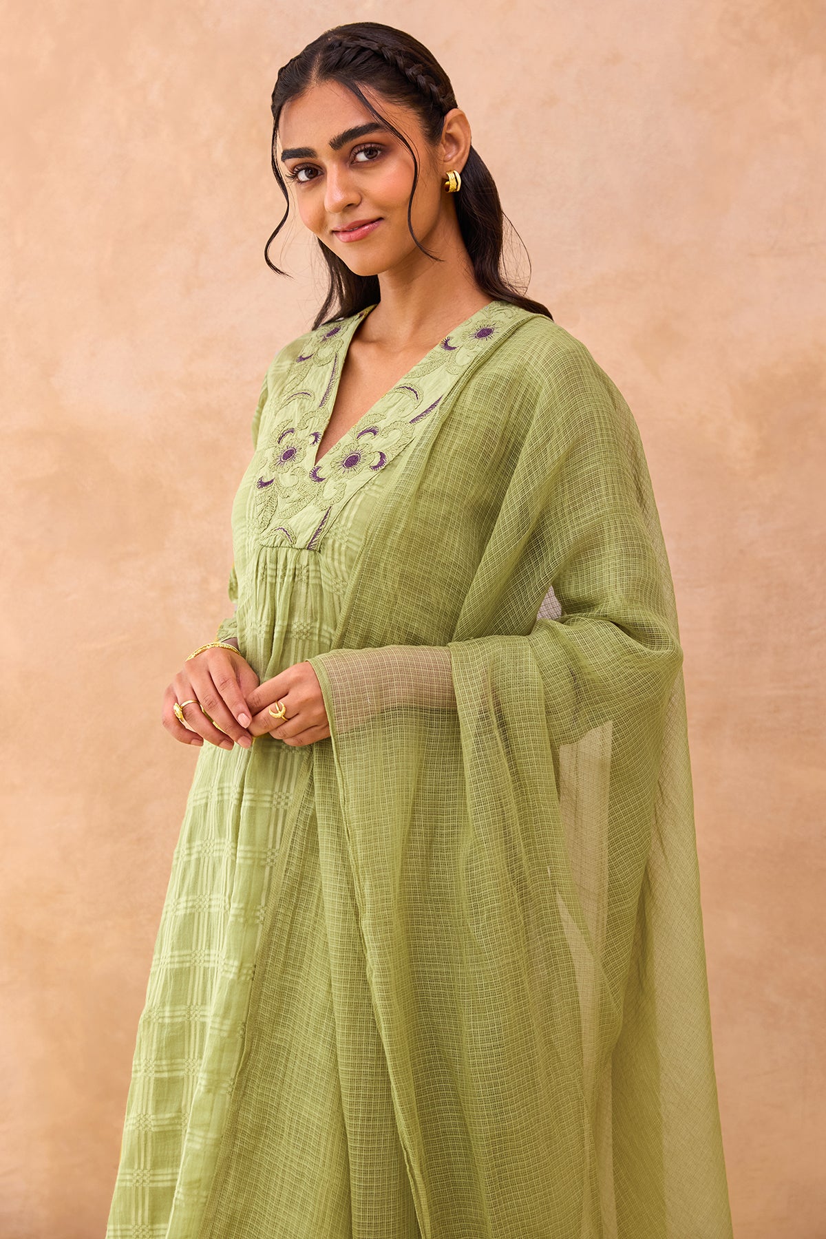 Sage Green Kota Doria Kurta Set