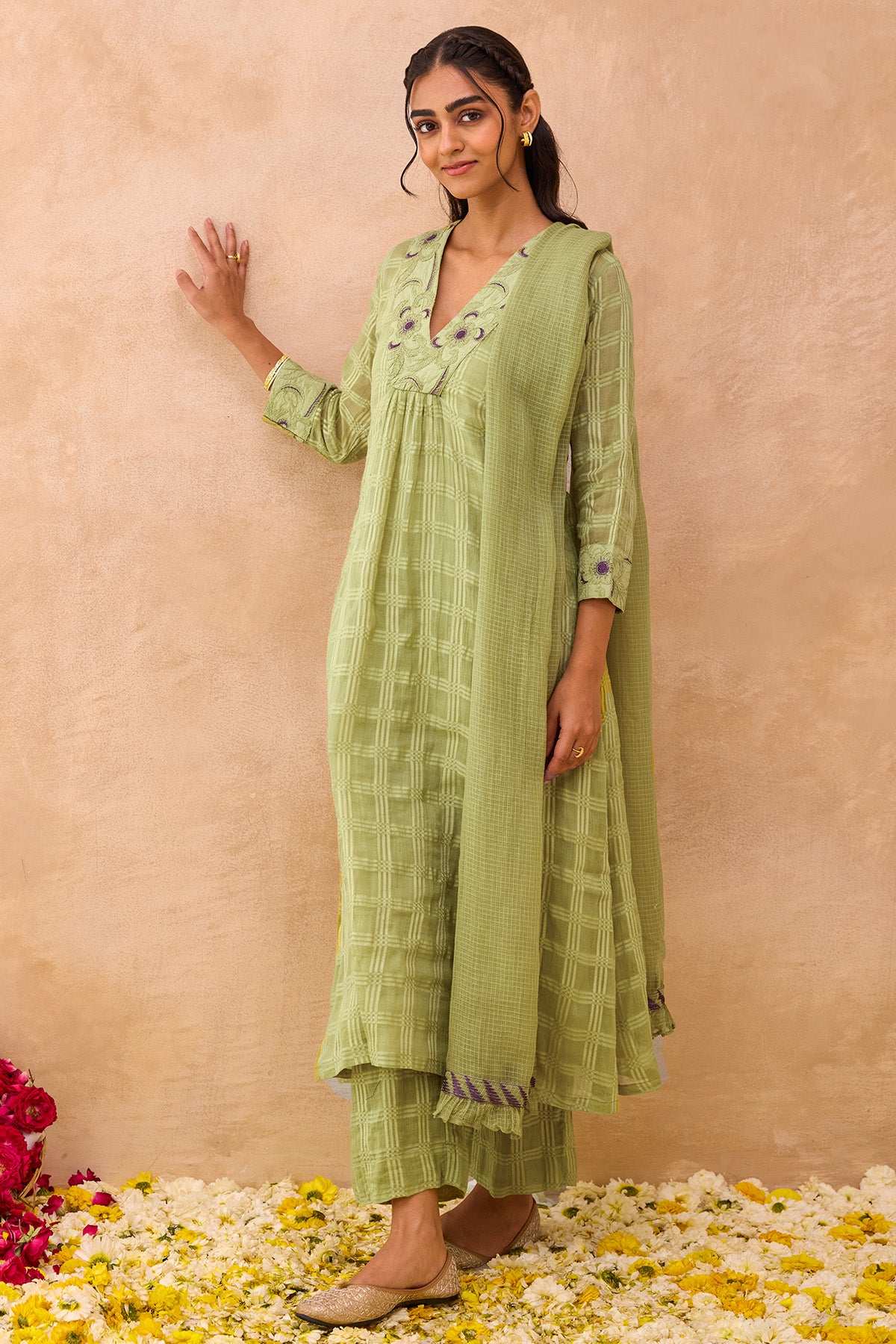 Sage Green Kota Doria Kurta Set