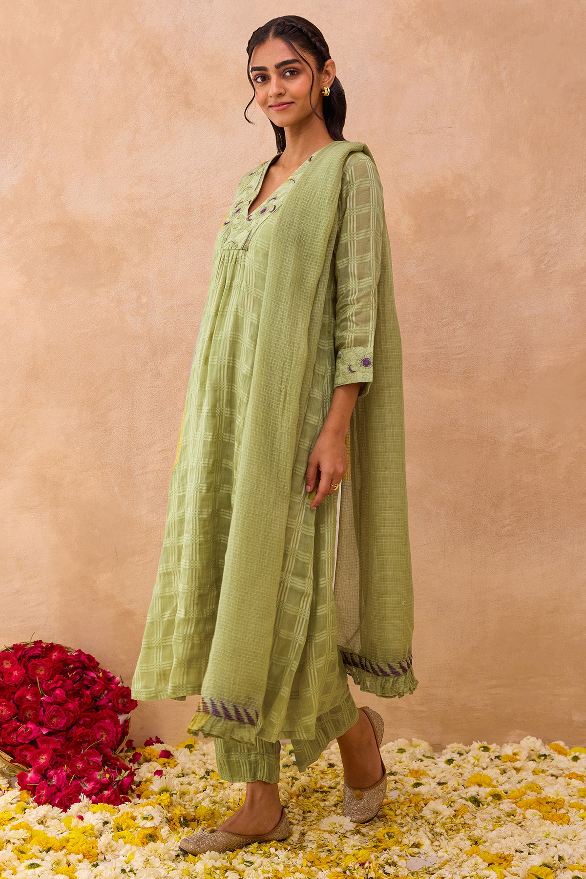 Sage Green Kota Doria Kurta Set